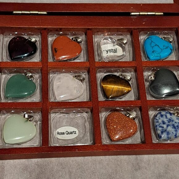 Jewelry - 11 heart gem stone pendants in wooden case